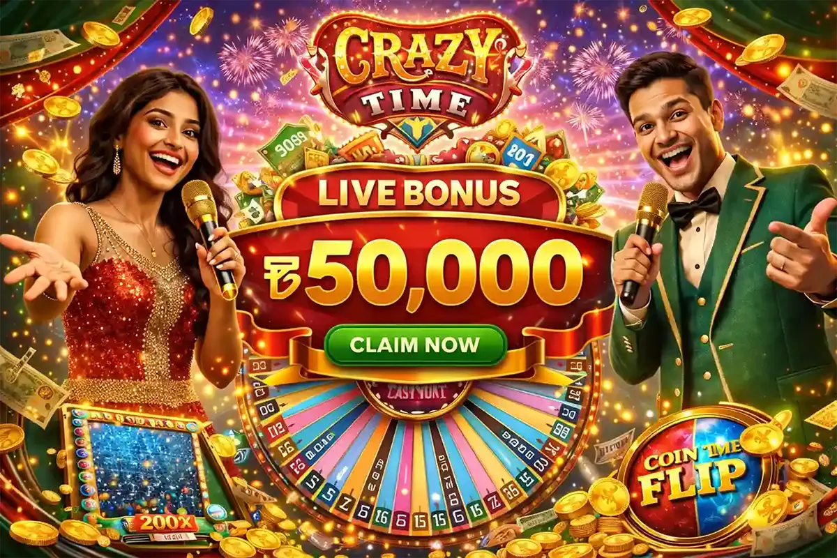 Promotional Crazy Time banner featuring two smiling hosts with microphones, fireworks and flying coins, a colourful wheel in the background, and bold text advertising a “LIVE BONUS ฿50,000” with a “CLAIM NOW” button and Coin Flip branding.